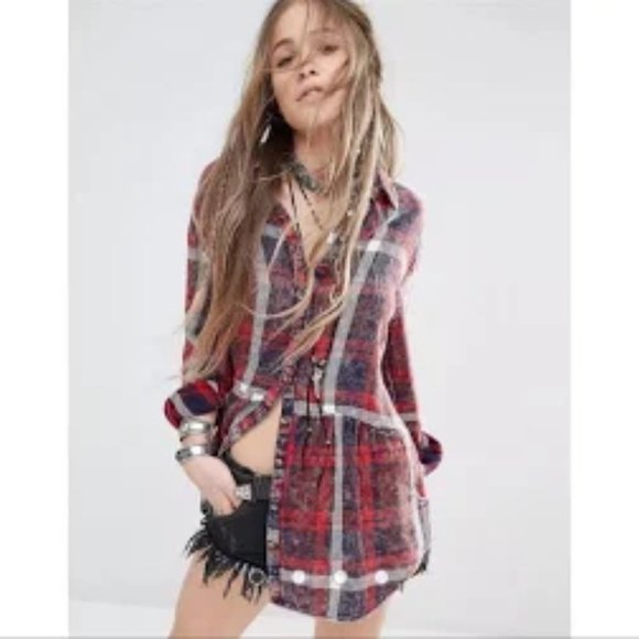 Free People Tops - Free People Easy Street Plaid Flannel Button-Down Shirt Tunic, Navy M